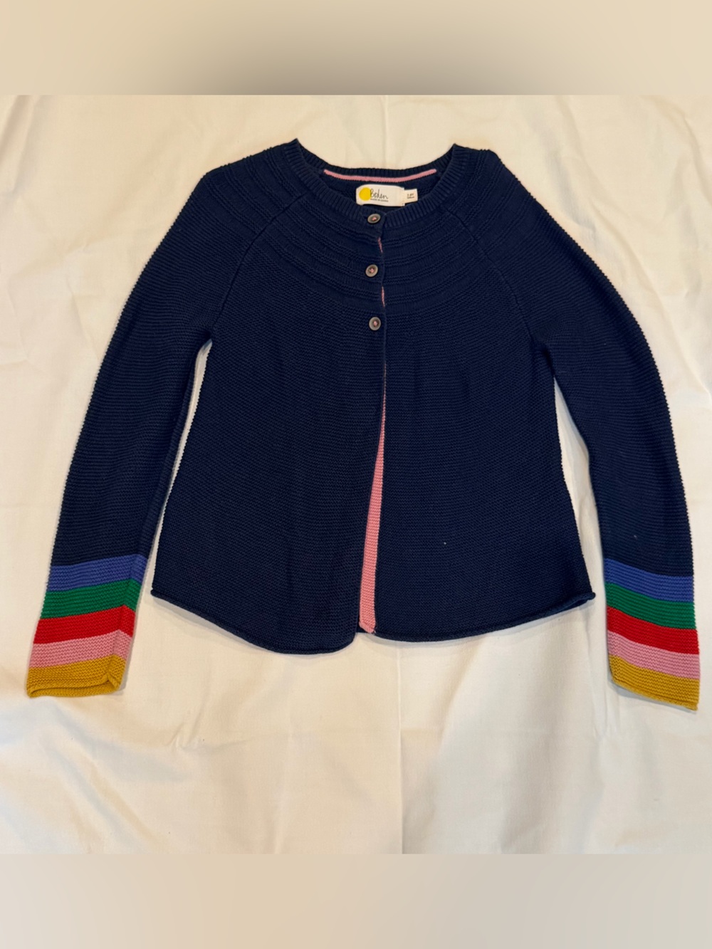 Mini Boden Navy Rainbow Stripe Sleeve Cardigan Kids Girl’s Size 7-8 Years